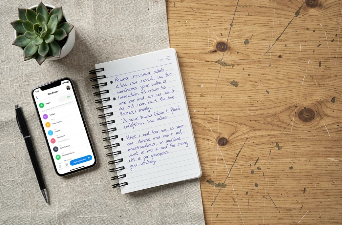 Vue à plat d'un smartphone avec l'interface Kelasamdeteom, un carnet de notes manuscrites et des accessoires de bureau pour un bilan d'utilisation