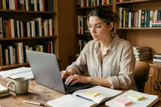 Femme utilisant Kelasamdeteom sur son ordinateur portable dans un bureau à domicile, prenant des notes après plusieurs mois d'utilisation