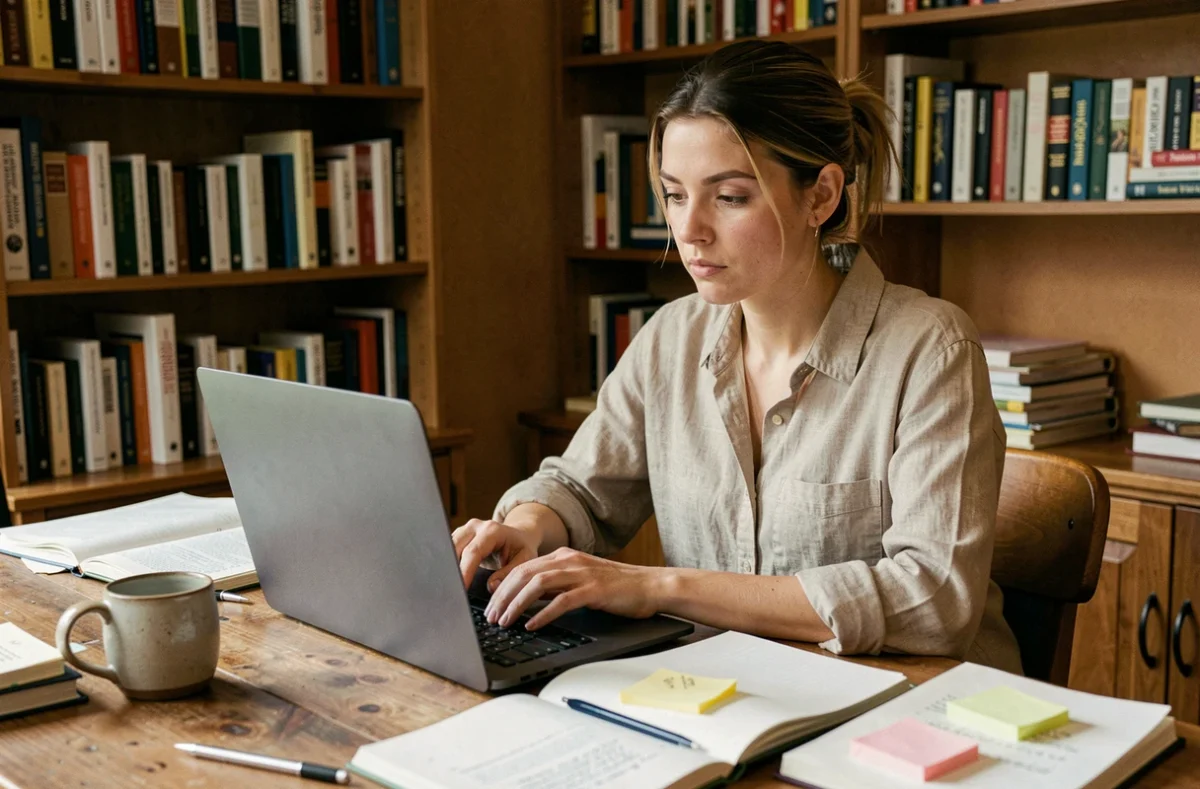 Femme utilisant Kelasamdeteom sur son ordinateur portable dans un bureau à domicile, prenant des notes après plusieurs mois d'utilisation