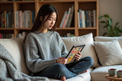 Jeune femme lisant des mangas en ligne sur tablette avec l'application Epsilon Soft dans un salon cosy