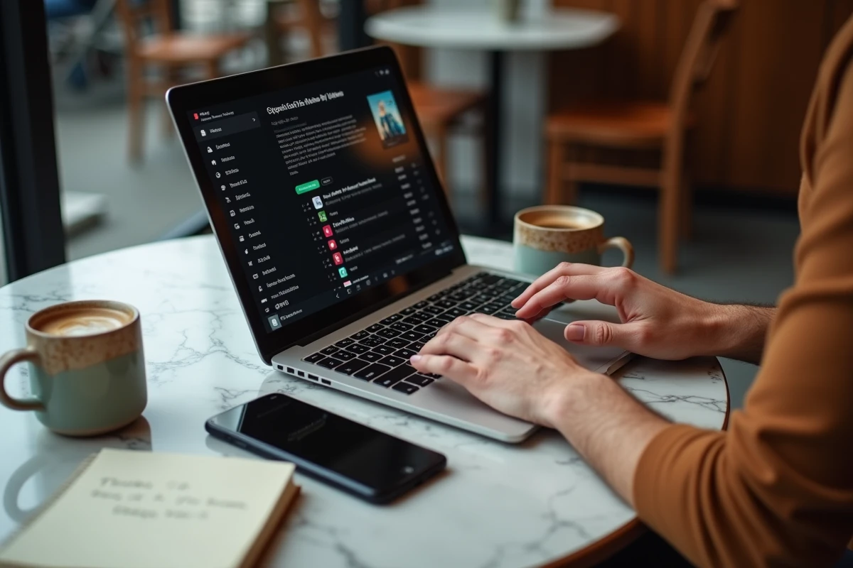 Mains tapant sur un ordinateur portable dans un café avec smartphone affichant une interface de téléchargement de musique MP3