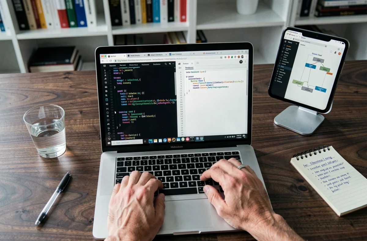 Gros plan sur les mains d'un développeur parcourant du XML avec Python sur un bureau en bois élégant