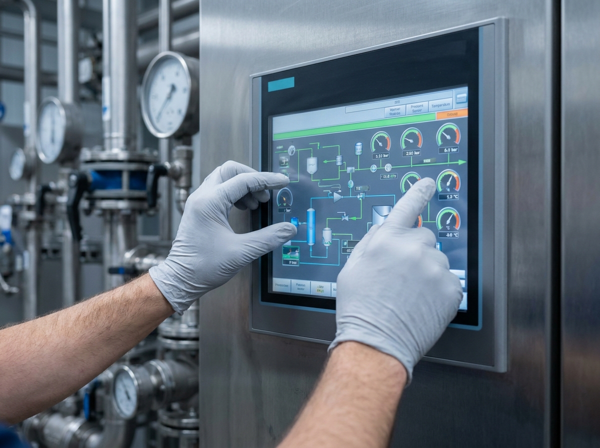 Mains gantées opérant un écran tactile intégré dans une armoire de contrôle industrielle en usine chimique