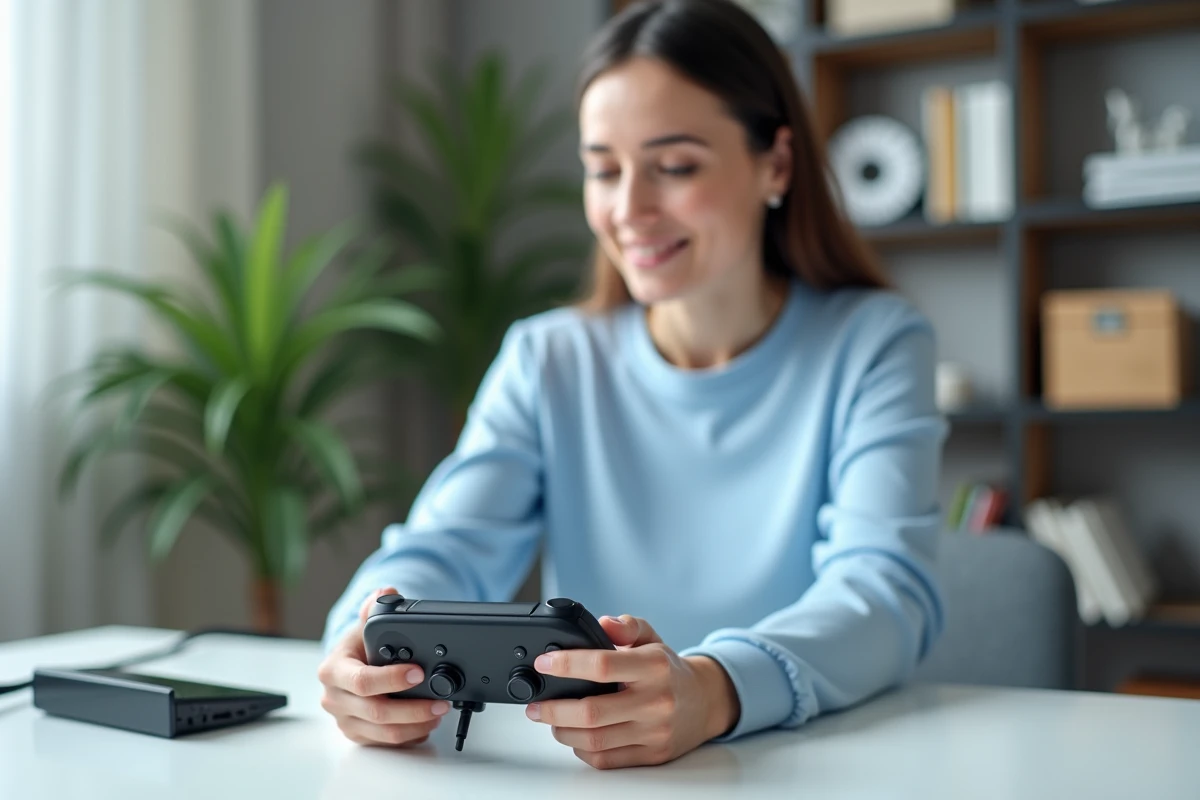 Femme connectant une manette Pro Controller Nintendo Switch via un câble USB-C pour résoudre un problème de détection