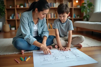 Une mère explique la conversion Go Mo à son fils à l'aide d'un tableau manuscrit sur le sol du salon