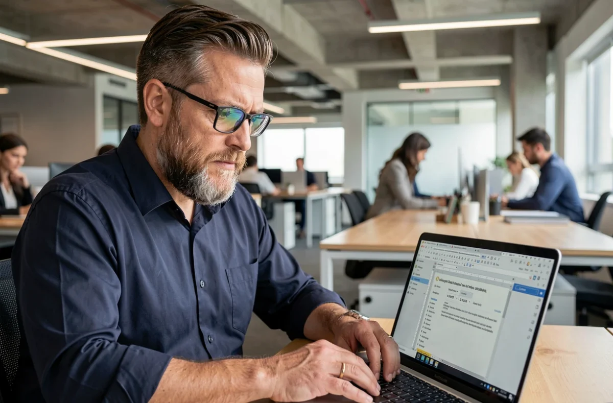 Homme en entreprise évaluant une mise à jour de logiciel bureautique open source sur son ordinateur portable