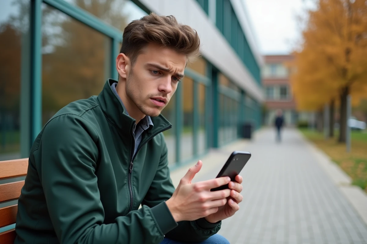 Étudiant consultant la procédure de récupération de mot de passe du webmail Grenoble INP sur son smartphone en extérieur