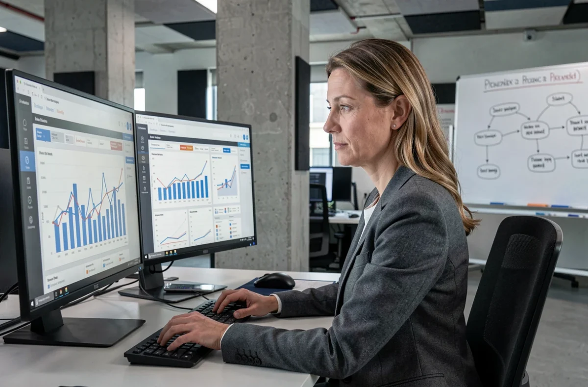 Analyste data féminine travaillant sur des tableaux de bord décisionnels dans les locaux de Next Decision