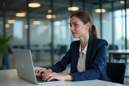 Nouvelle salariée Air France activant son compte GPNet sur un ordinateur portable dans un bureau moderne
