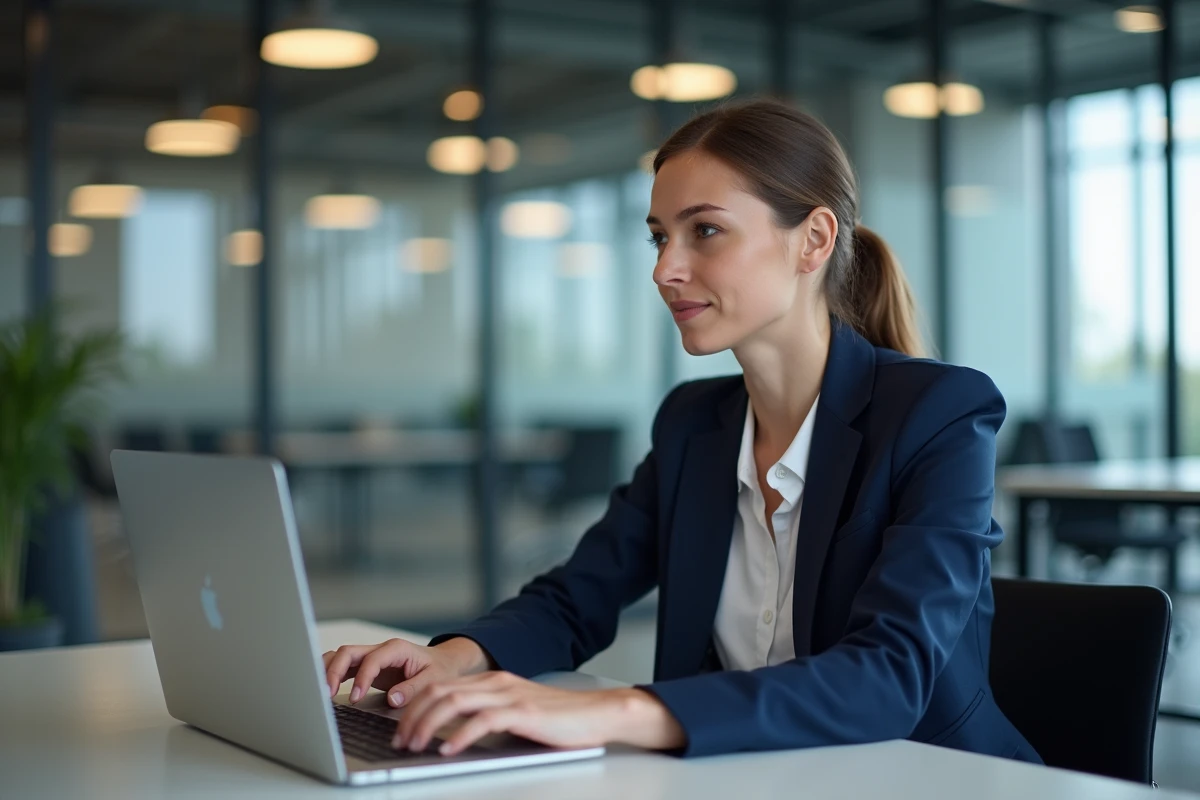 Nouvelle salariée Air France activant son compte GPNet sur un ordinateur portable dans un bureau moderne