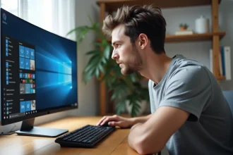 Homme paramétrant la langue de saisie et la disposition du clavier dans les paramètres Windows sur un ordinateur de bureau