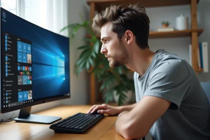 Homme paramétrant la langue de saisie et la disposition du clavier dans les paramètres Windows sur un ordinateur de bureau