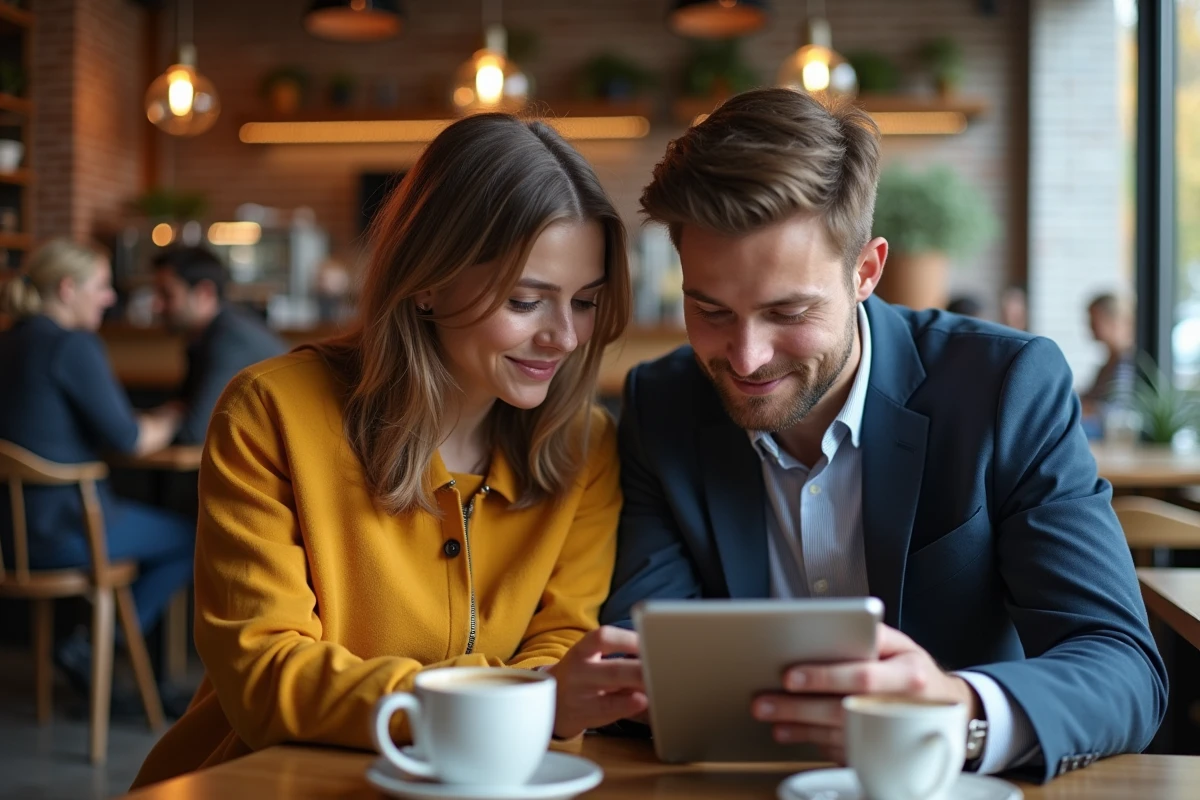 Deux personnes regardant ensemble un profil Instagram sur une tablette dans un café sans avoir besoin d'un compte utilisateur