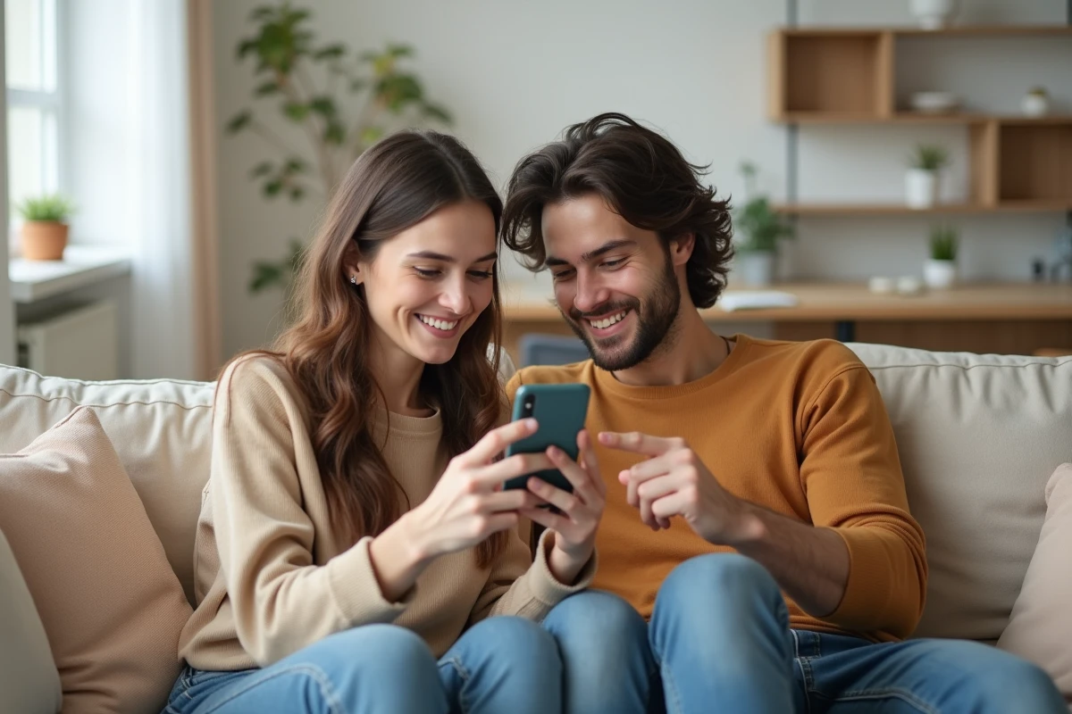 Deux amis partageant une story Instagram sur WhatsApp depuis un canapé dans un salon lumineux