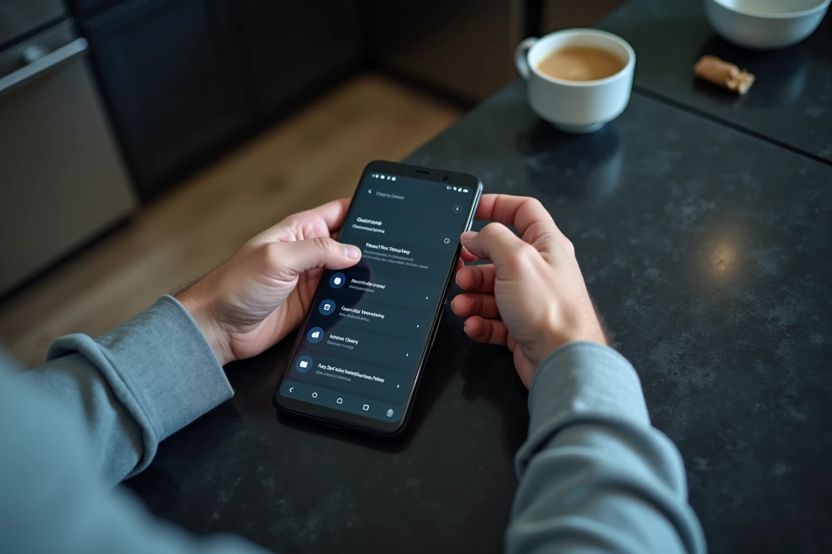 Gros plan d'une main naviguant dans une application de presse-papier sur smartphone Android dans une cuisine