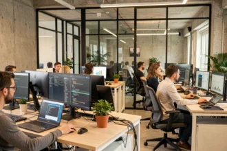 Vue d'ensemble d'un bureau informatique moderne à Nantes avec des professionnels IT au travail sur plusieurs écrans