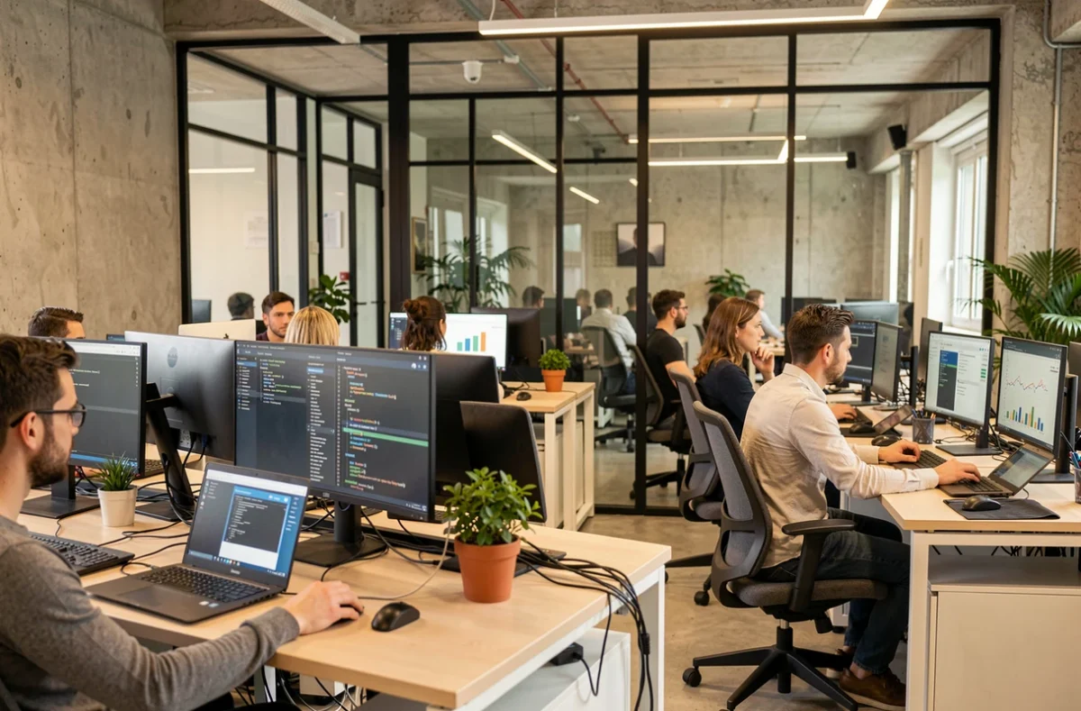 Vue d'ensemble d'un bureau informatique moderne à Nantes avec des professionnels IT au travail sur plusieurs écrans