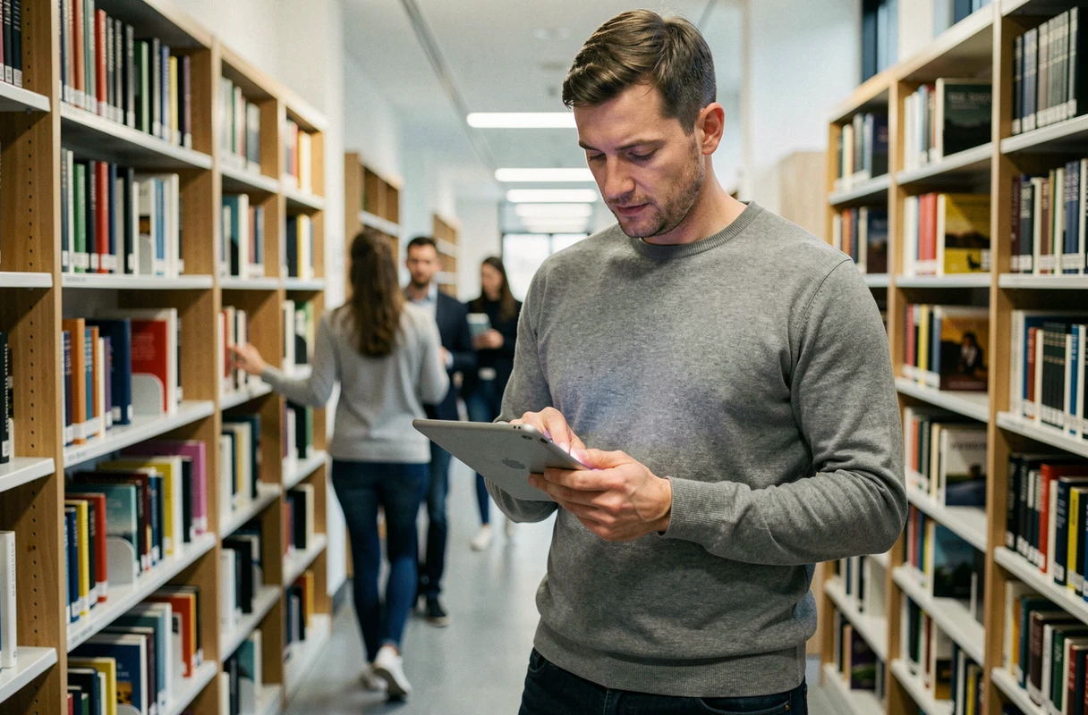 Professeur consultant ses mails académiques sur une tablette dans une bibliothèque universitaire