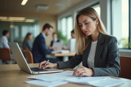 Femme professionnelle analysant un protocole de réception de courrier numérique au bureau en 2026