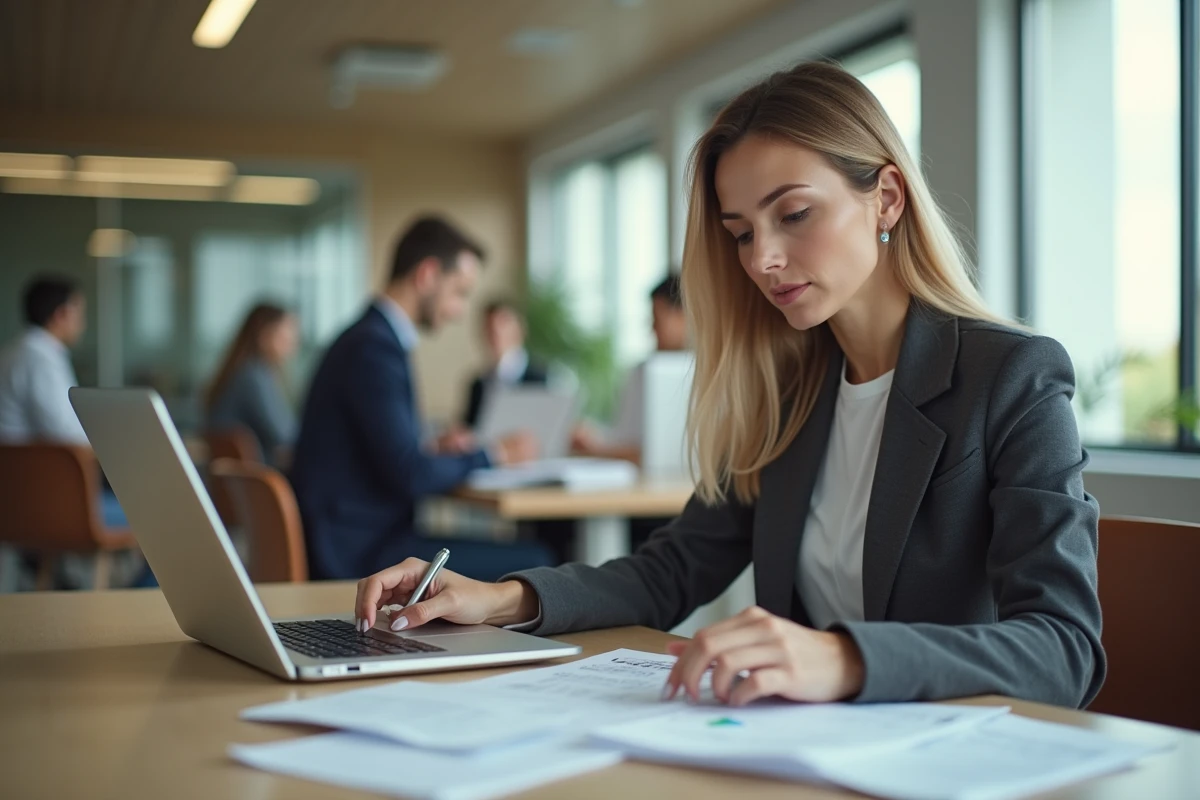Femme professionnelle analysant un protocole de réception de courrier numérique au bureau en 2026