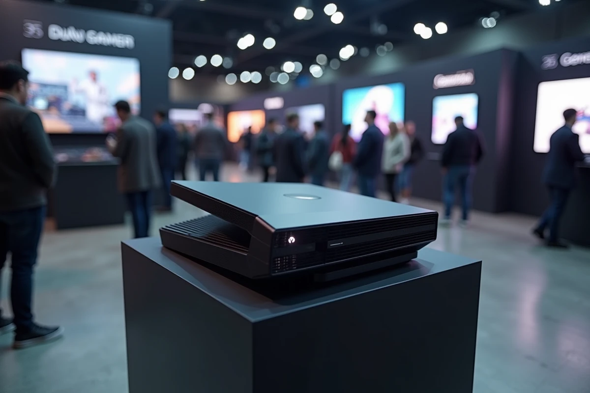 Prototype de console Xbox nouvelle génération exposé sur un stand lors d'un salon technologique avec des panneaux de présentation en arrière-plan