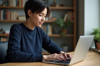 Femme tapant sur un clavier d'ordinateur portable pour saisir un È majuscule accentué via un raccourci clavier