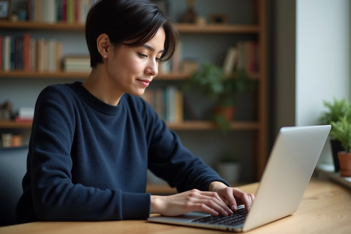 Femme tapant sur un clavier d'ordinateur portable pour saisir un È majuscule accentué via un raccourci clavier