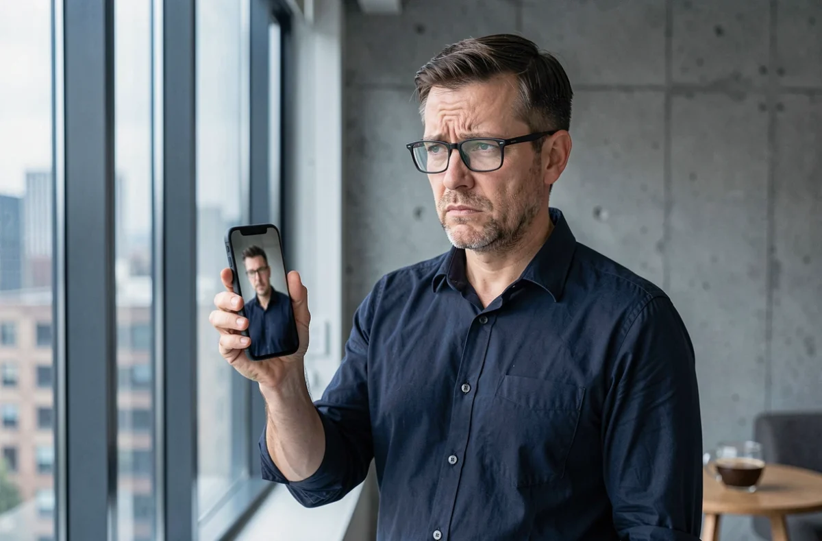 Homme tenant un smartphone avec une photo floue pour tenter d'identifier une personne, expression perplexe dans un appartement moderne