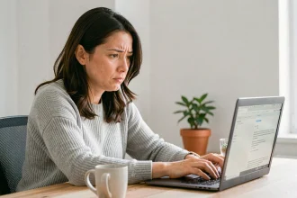 Femme consultant un message d'erreur de connexion sur son laptop pour récupérer un compte email 1&1 Webmail bloqué
