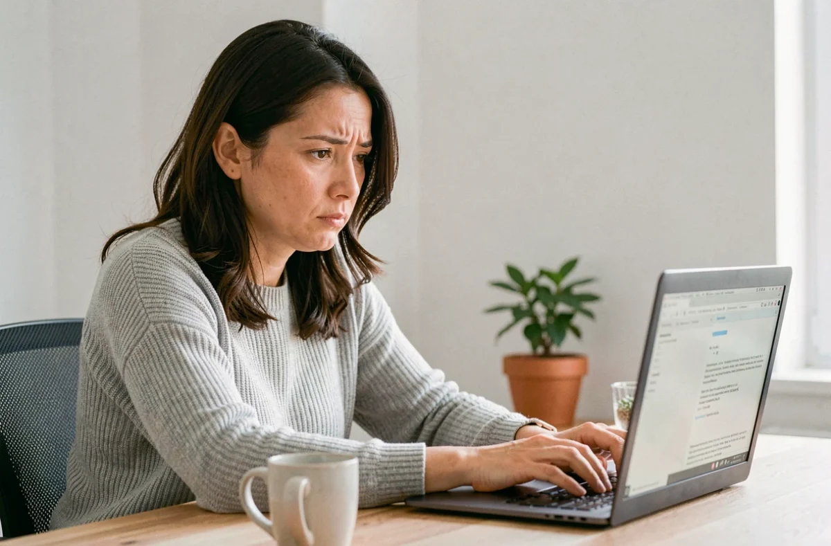 Femme consultant un message d'erreur de connexion sur son laptop pour récupérer un compte email 1&1 Webmail bloqué