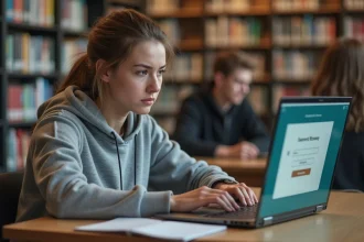 Étudiante tentant de récupérer son mot de passe sur le webmail Grenoble INP depuis la bibliothèque universitaire