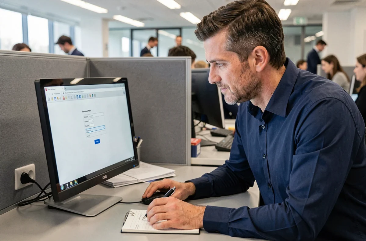 Homme en bureau remplissant un formulaire de réinitialisation de mot de passe sur un compte 1&1 Webmail