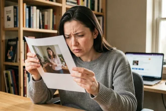 Femme examinant une photo imprimée sur un bureau en bois pour retrouver une personne, expression concentrée et frustrée
