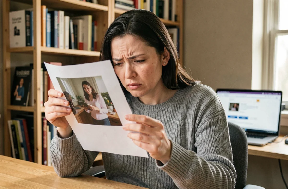 Femme examinant une photo imprimée sur un bureau en bois pour retrouver une personne, expression concentrée et frustrée