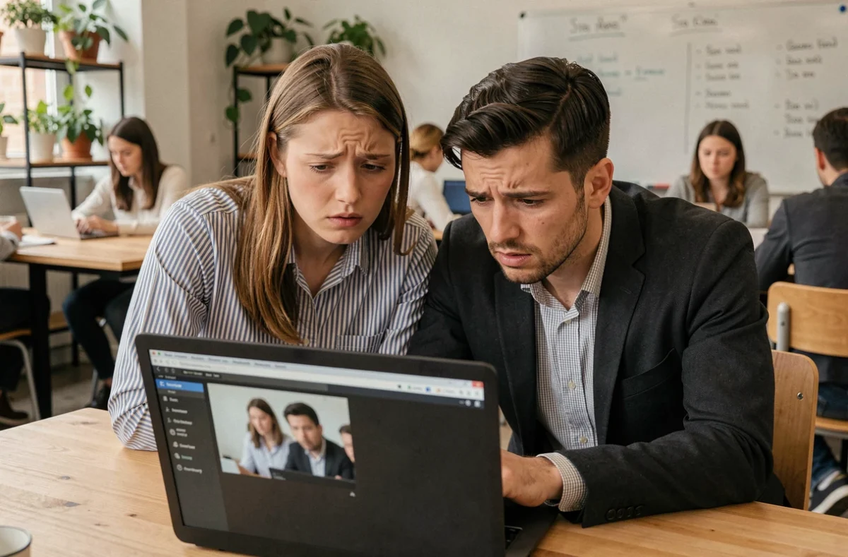 Deux collègues analysant une photo basse résolution sur un ordinateur portable pour retrouver quelqu'un, expression confuse dans un espace de coworking