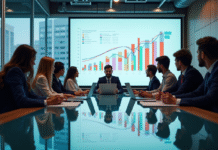 Réunion dans un bureau moderne avec des professionnels analysant des graphiques