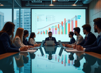 Réunion dans un bureau moderne avec des professionnels analysant des graphiques