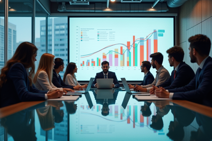 Réunion dans un bureau moderne avec des professionnels analysant des graphiques