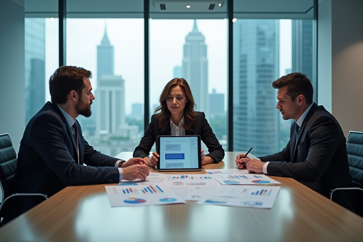 Groupe de collègues analysant des graphiques et un chatbot sur une tablette