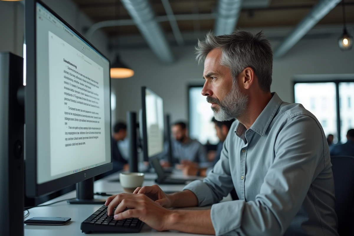 Homme en bureau professionnel consultant un document texte français avec des majuscules accentuées sur écran