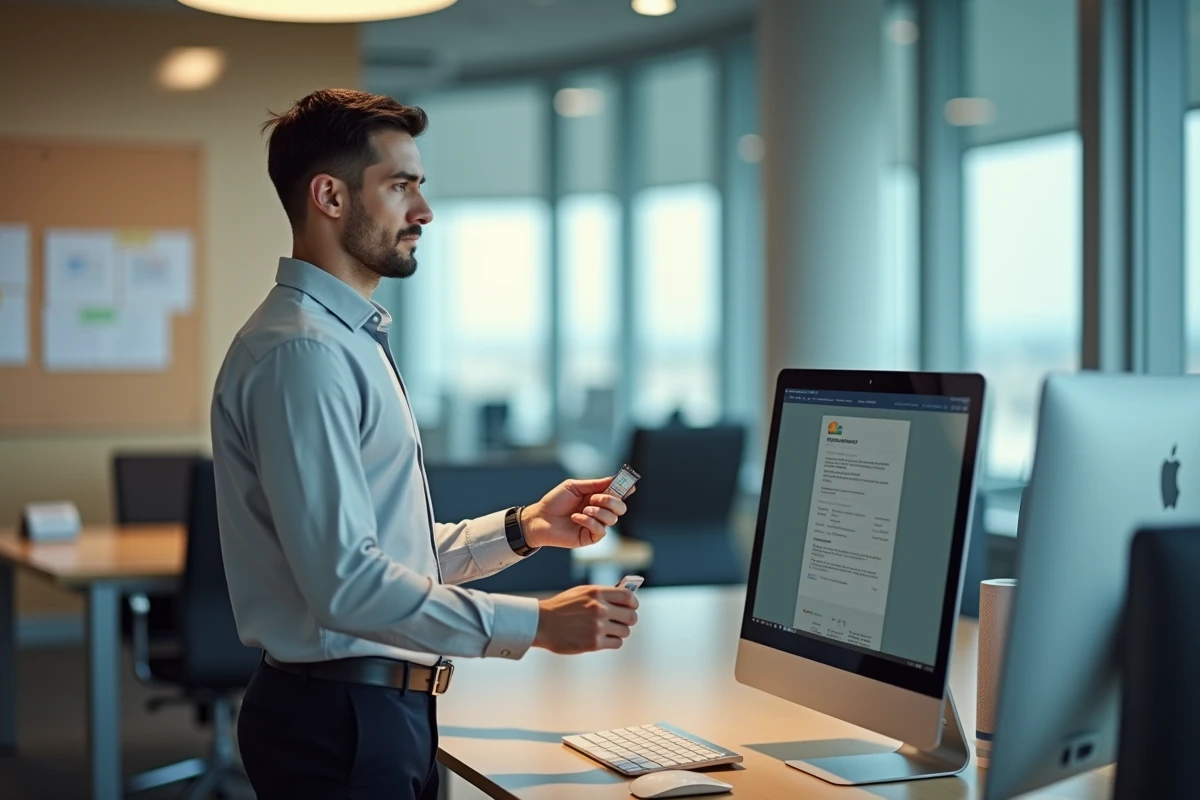 Salarié Air France consultant les instructions d'activation GPNet dans un bureau administratif d'aéroport