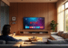 Salon moderne avec grande TV Netflix et personne sur le canapé