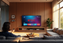 Salon moderne avec grande TV Netflix et personne sur le canapé