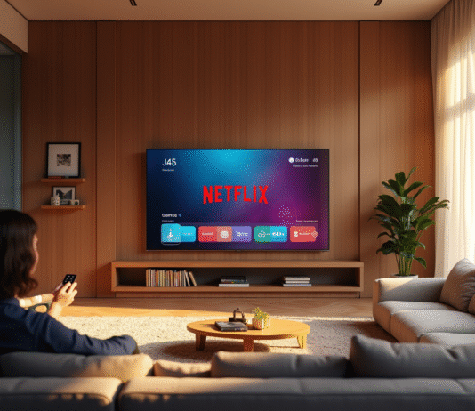 Salon moderne avec grande TV Netflix et personne sur le canapé