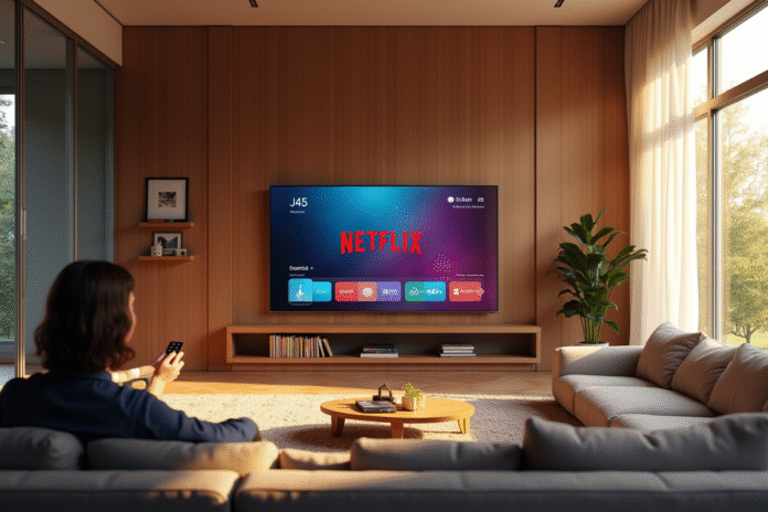 Salon moderne avec grande TV Netflix et personne sur le canapé