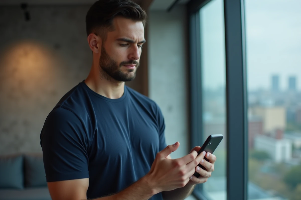 Homme utilisant son smartphone pour enregistrer une story Instagram près d'une fenêtre dans un appartement moderne