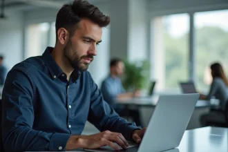 Homme en chemise bleue sécurisant ses données sur un ordinateur portable dans un bureau moderne