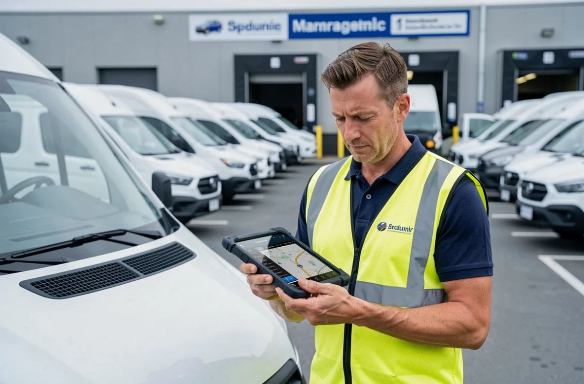 Technicien de gestion de flotte consultant un tableau de bord GPS sur tablette devant des véhicules connectés SkyFleet