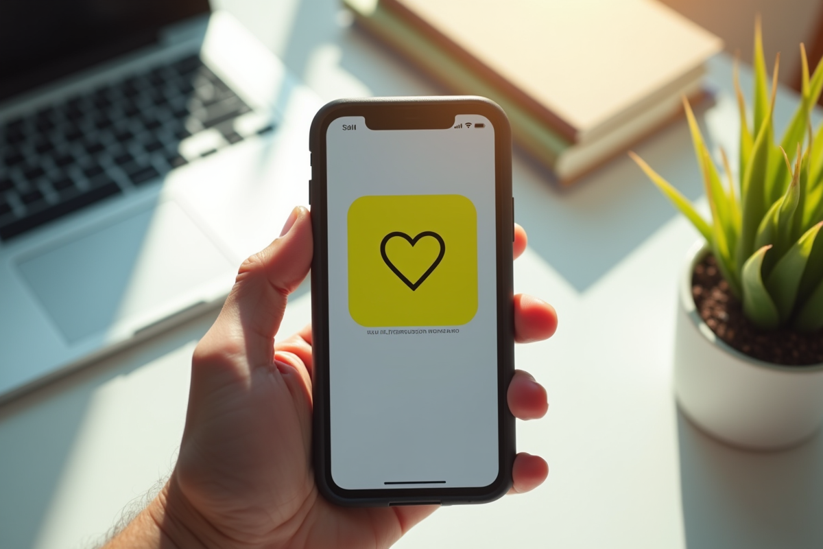 Téléphone tenu en main affichant Snapchat dans un espace lumineux