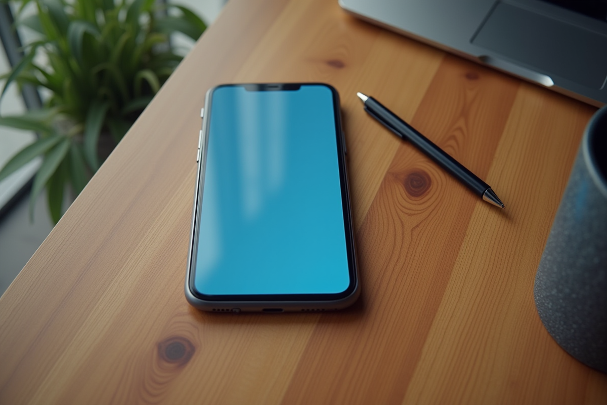 Smartphone affichant une interface de partage sur une table en bois